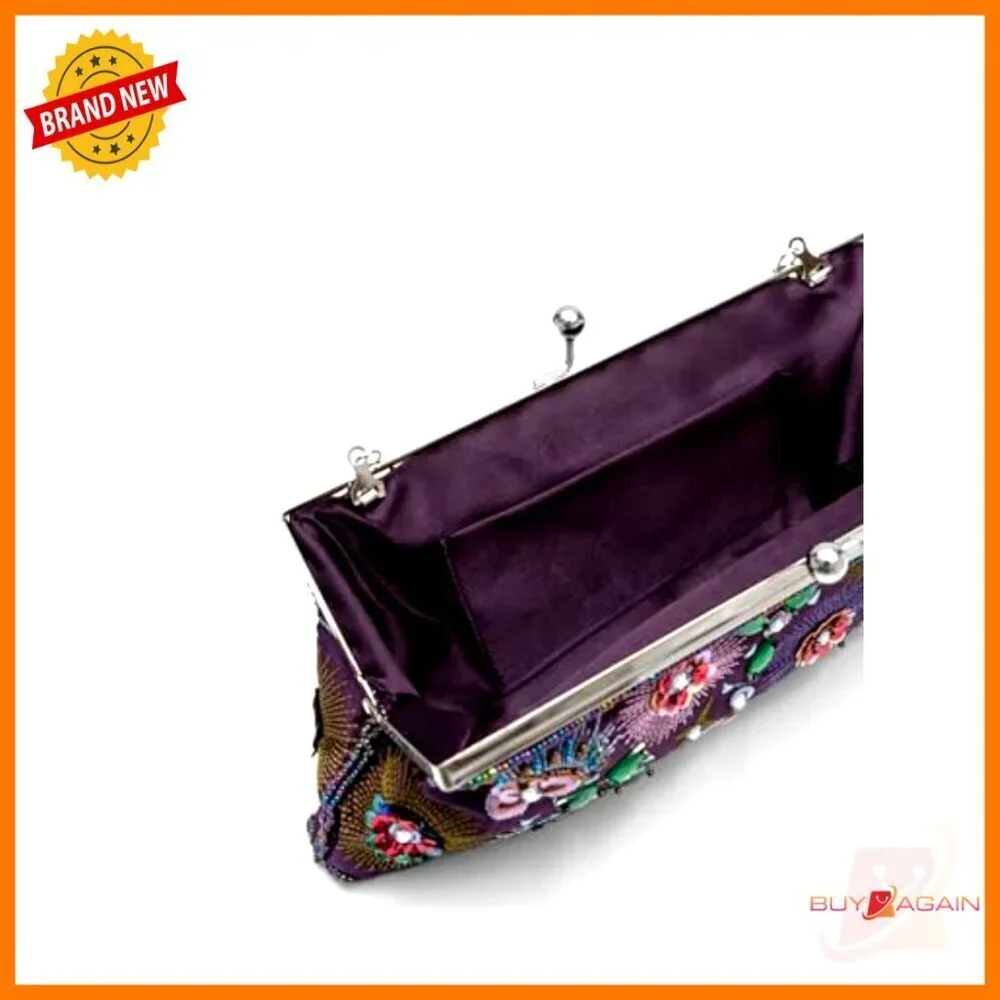 Vintage Floral Embroidered Sequined Evening Clutch Purse with Chain Strap